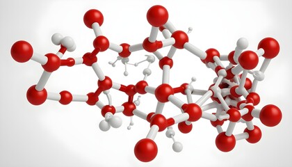An intricate molecular structure of lysergic acid diethylamide (LSD) depicted in vibrant red and white hues against a crisp white background, showcasing its chemical complexity.