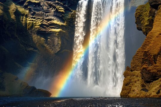 Vibrant Rainbow Arching Over A Waterfall