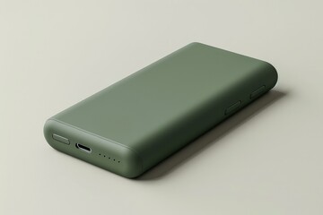 Close-up of an elegant olive green power bank with sleek matte finish and intricate nature-inspired details, blending technology and nature in a stylish, eco-friendly design