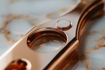 Close-up of a sleek rose gold wine opener with an elegant design, shiny metallic finish, and reflective handle. Perfect kitchen accessory for wine enthusiasts