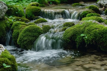 Babbling brook flowing through moss-covered rocks