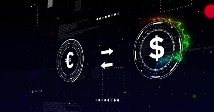 Animation of currency symbols with data processing over light spots on black background