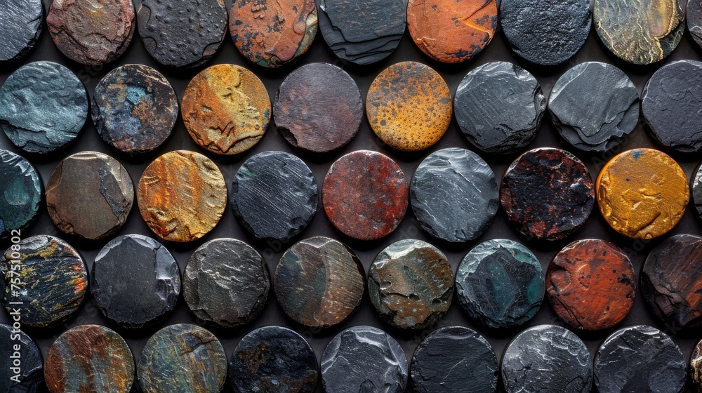 Poster a group of different colored rocks sitting next to each other on top of a black surface with rust on them.