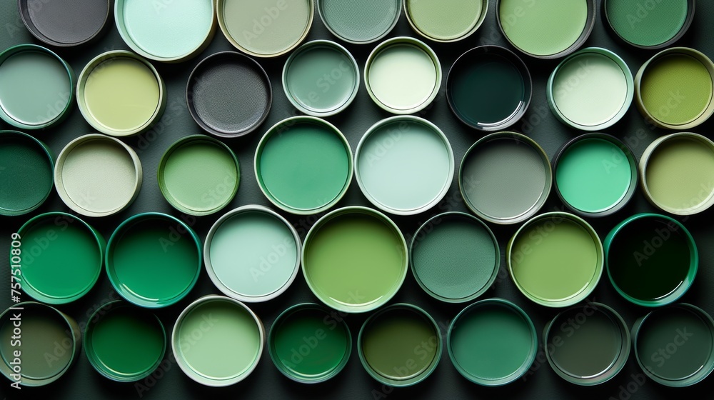 Poster a group of paint cans stacked on top of each other with different colors of paint on the top of them