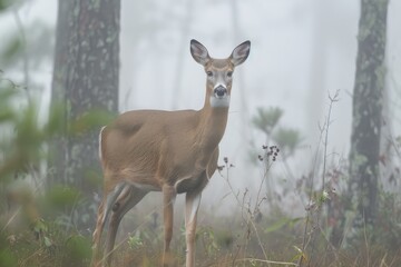 A majestic white-tailed deer standing alone in a misty forest on a cold morning, exuding grace and tranquility in its natural wildlife habitat