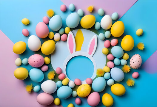 Easter decor concept. Top view photo of white circle easter bunny ears yellow blue pink eggs