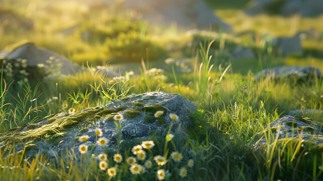 The soft golden light of sunset radiates warmth over a rock carpeted in vibrant green moss in a tranquil field
