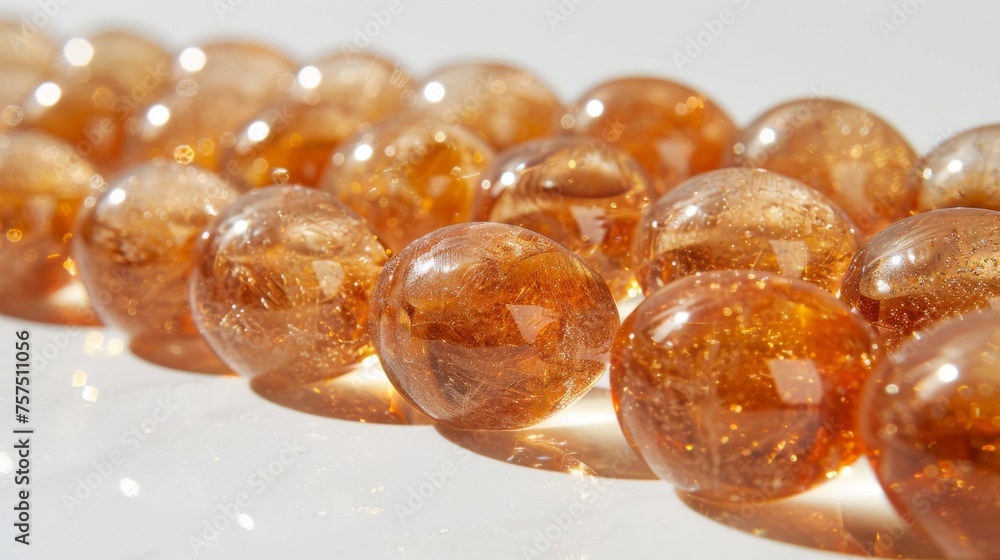 Poster a row of brown glass beads sitting on top of a white surface with a reflection of the beads in the m