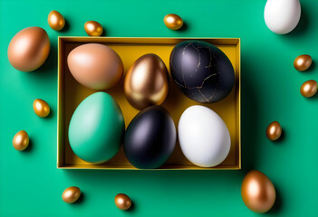 Gold, black, white eggs on a trendy emerald background. Geometry