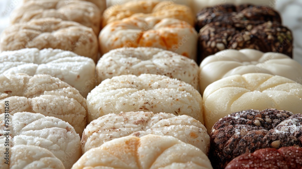 Poster a close up of a tray of different types of pastries with powdered sugar on the top of them.