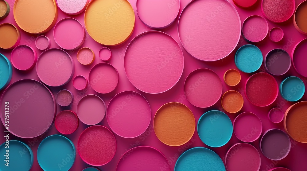 Poster a close up of a bunch of different colored circles on a pink and blue background with a red circle i