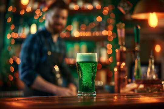 Imperial pint of traditional green beer for st. Patrick's day celebration on bar counter. Redheaded bartender on the background. Copy space.