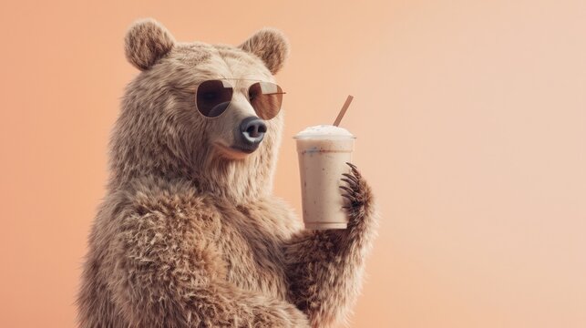 Stylish bear with milkshake; perfect for fun, lifestyle-focused content