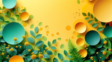 a picture of a yellow and green background with lots of leaves and yellow balls in the middle of the image.
