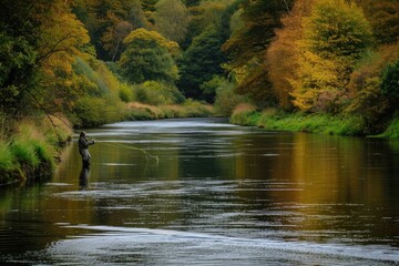 Casting lines by a tranquil riverbank photography - obrazy, fototapety, plakaty
