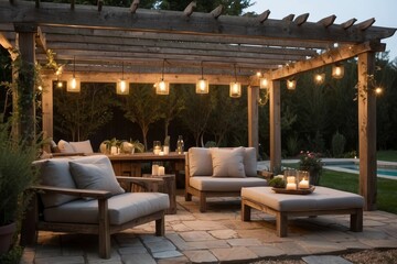 Rustic outdoor lounge area with a weathered wooden pergola, cozy outdoor furniture, and soft ambient lighting, creating an inviting space for relaxation