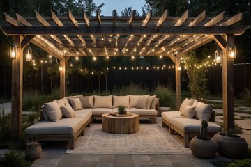 Rustic outdoor lounge area with a weathered wooden pergola, cozy outdoor furniture, and soft ambient lighting, creating an inviting space for relaxation