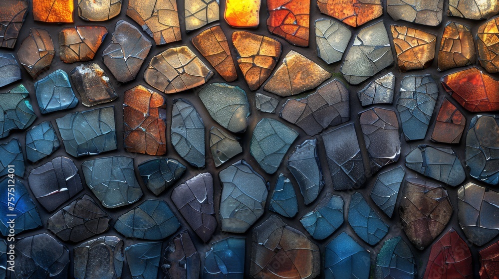 Poster a close up of a wall made of rocks with different colors and shapes of rocks on top of each other.
