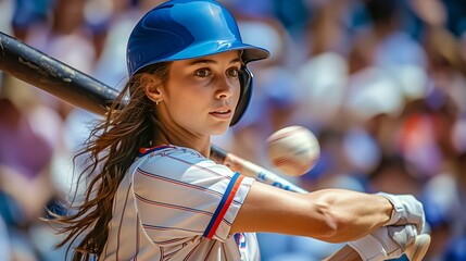 Young Female Batter In Striped Uniform And Blue Helmet Intently Awaiting Pitch In Baseball Game, - obrazy, fototapety, plakaty