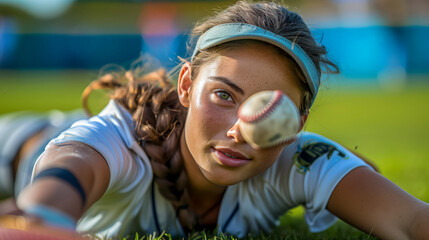 Focused Female Baseball Player Lying On The Field With A Ball Approaching Her Face, - Powered by Adobe