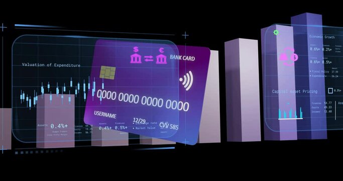 Animation of credit card over financial data processing on black background