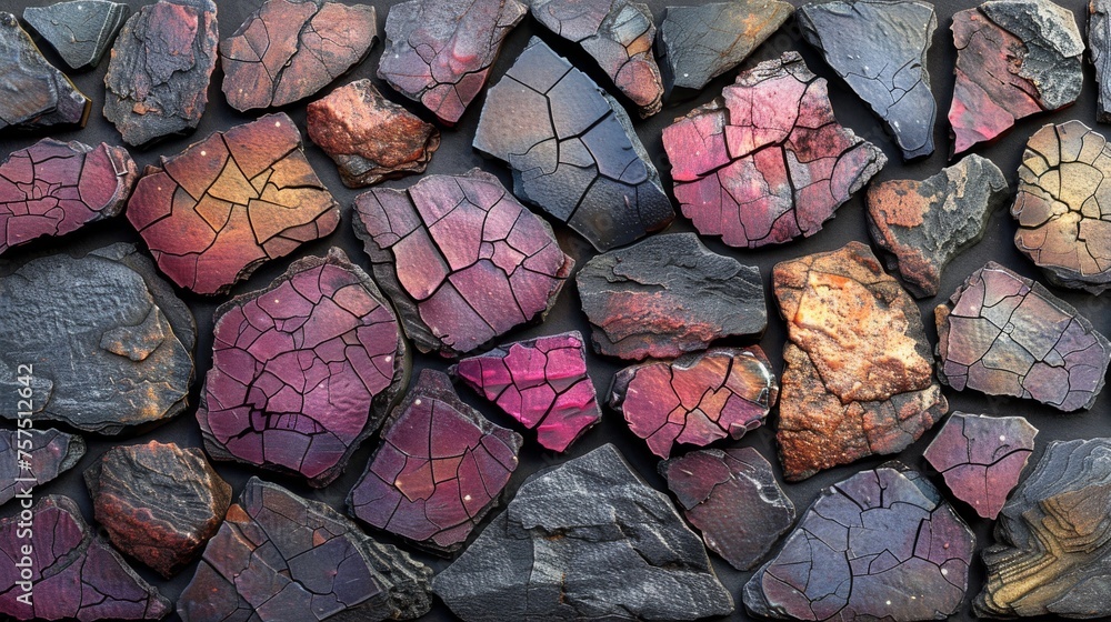 Poster a close up of a wall made of rocks with different colors of rocks on top of each of the rocks.