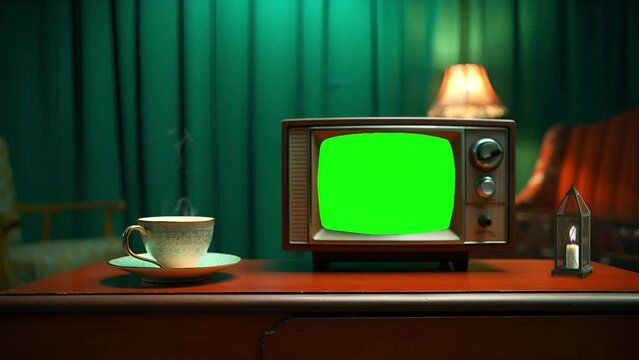 TV retro antique television green screen with a cup of hot coffee and curtains in the background; is perfect for background projects; 4k virtual video animation.
