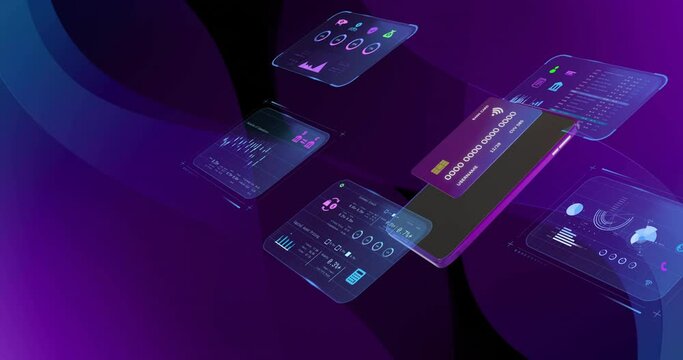 Animation of data processing with credit card and smartphone over shapes on black background