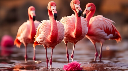 Vivid Pink Flamingos Gathered In Shallow Waters, Their Reflections And Elegant Poses