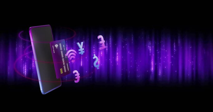 Animation of smartphone and credit card with currency icons over light trails on black background