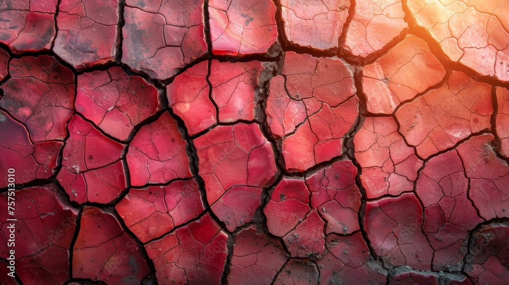 Poster a close up of a cracked surface with a red and yellow substance in the middle of the image and a red