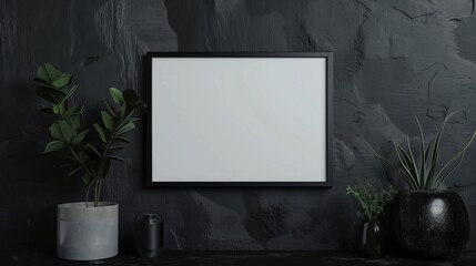 Fototapeta premium A blank canvas on a dark textured wall serves as a mockup for artwork