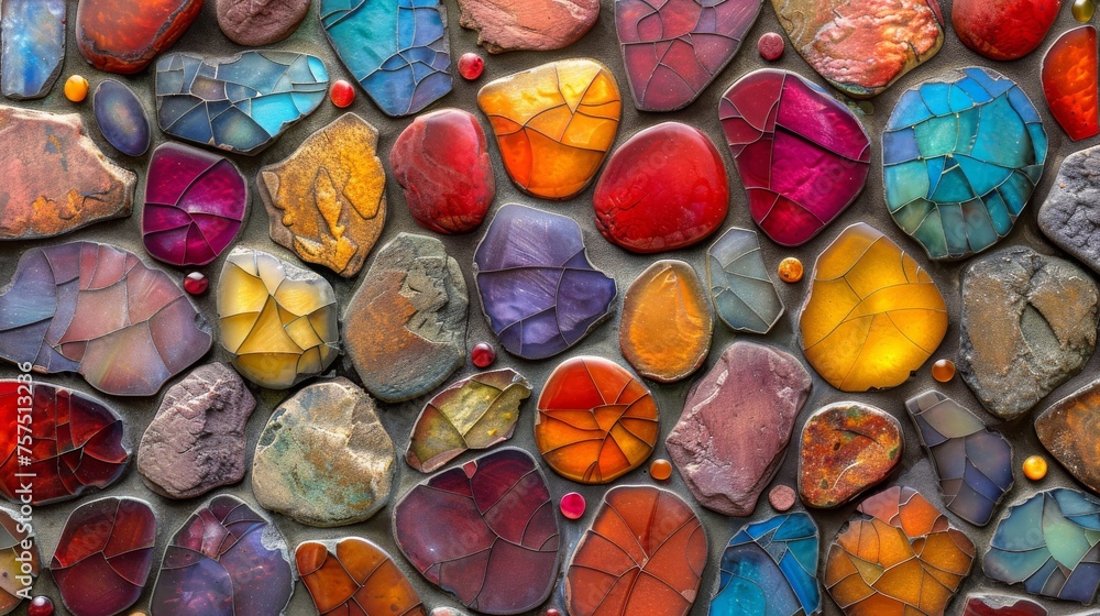 Poster a close up of a wall made up of many different colors of rocks and stones with different shapes and 