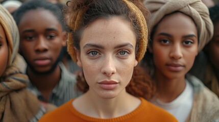 Fototapeta premium large mixed group of multicultural people look camera. women.