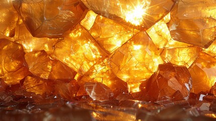 a close up of a bunch of orange glass pieces with a light in the middle of the middle of the picture.
