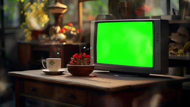 TV retro antique television green screen with a cup of warm tea and flowers; is perfect for background projects; 4k virtual video animation.