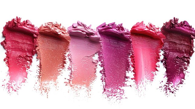 lipstick strokes with creamy texture. Colors range from a lighter, shimmery pink to a deeper pink with glitter. range of color swatches for lip products