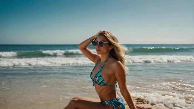 beautiful woman wearing a bikini and sunglasses enjoying a hot day at the beach