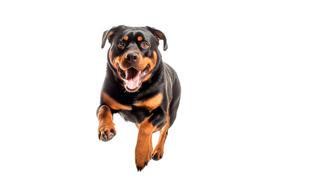 Happy rottweiler dog running isolated on transparent or white background.

