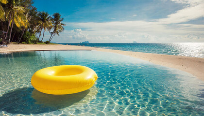Yellow inflatable ring floating along sandy beach. Tropical sea coast. Summer vacation at the ocean. - obrazy, fototapety, plakaty