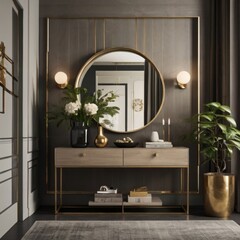 An entryway designed with minimalist principles, featuring a sleek console table, a wall mirror for spatial illusion, and a few carefully chosen decorative accents
