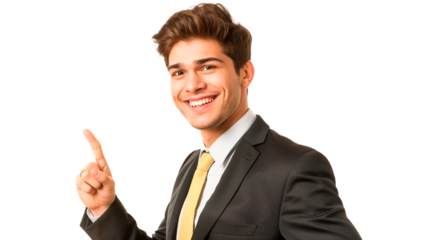 Young businessman against a white background isolated smiling and pointing up, showing something at blank space isolated on transparent or white background.