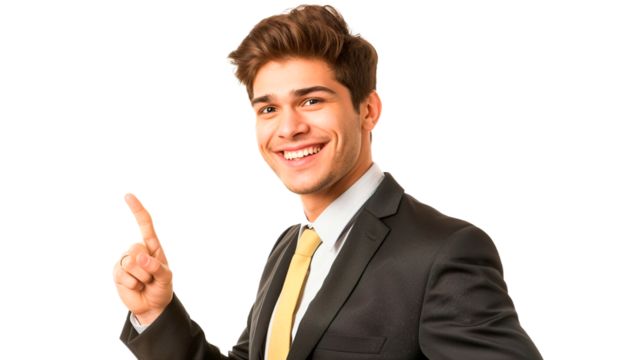 Young businessman against a white background isolated smiling and pointing up, showing something at blank space isolated on transparent or white background. - Powered by Adobe