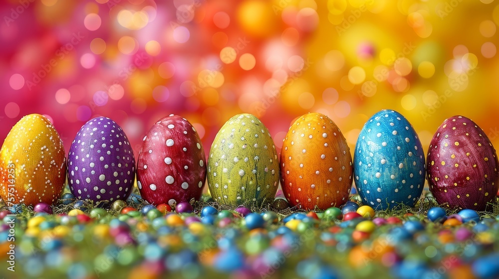 Poster a row of brightly colored easter eggs sitting on top of a field of sprinkles in front of a brightly 