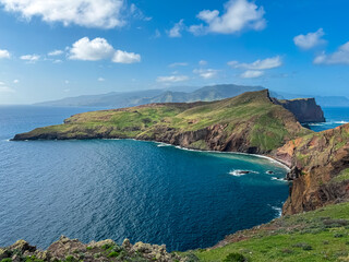 Panoramic view of majestic Atlantic Ocean coastline at Ponta de Sao Lourenco peninsula, Canical, Madeira island, Portugal, Europe. Coastal hiking trail along steep rocky rugged cliffs. Sea breeze. Awe