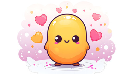 An adorable orange character with blushing cheeks in a playful scene surrounded by hearts