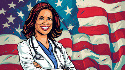 portrait of a smiling doctor's woman on the background of a flag on doctor's day