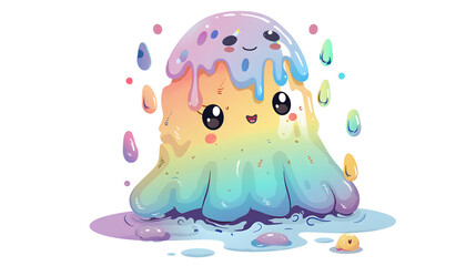 A bright, multicolored smiling slime creature illustrated with cheerful drips and playful tones