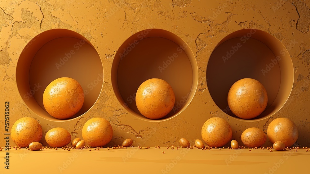 Poster a group of oranges sitting in bowls on a yellow surface with other oranges on the ground in front of them.