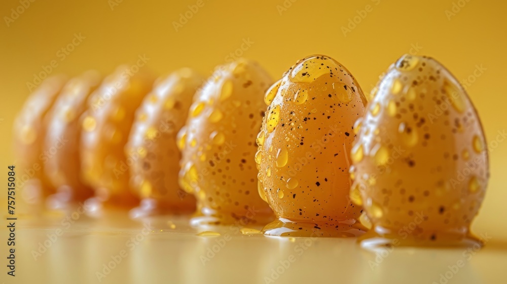 Poster a row of oranges with yellow speckles on them sitting on a table in front of a yellow background.